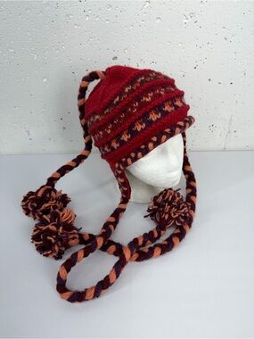 Windhorse Trading Co.Handmade Red Wool Hand Knit Hat Tassels Beanie Nepal Toque